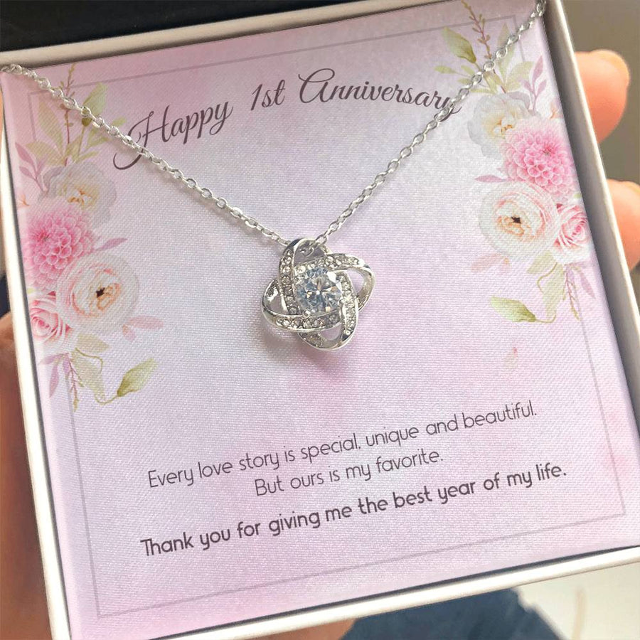 Happy 1st Anniversary Our Love Story My Favorite Best Year 14K Gold Love Knot Necklace Jewelry Beautiful Gift for Wife Anniversary