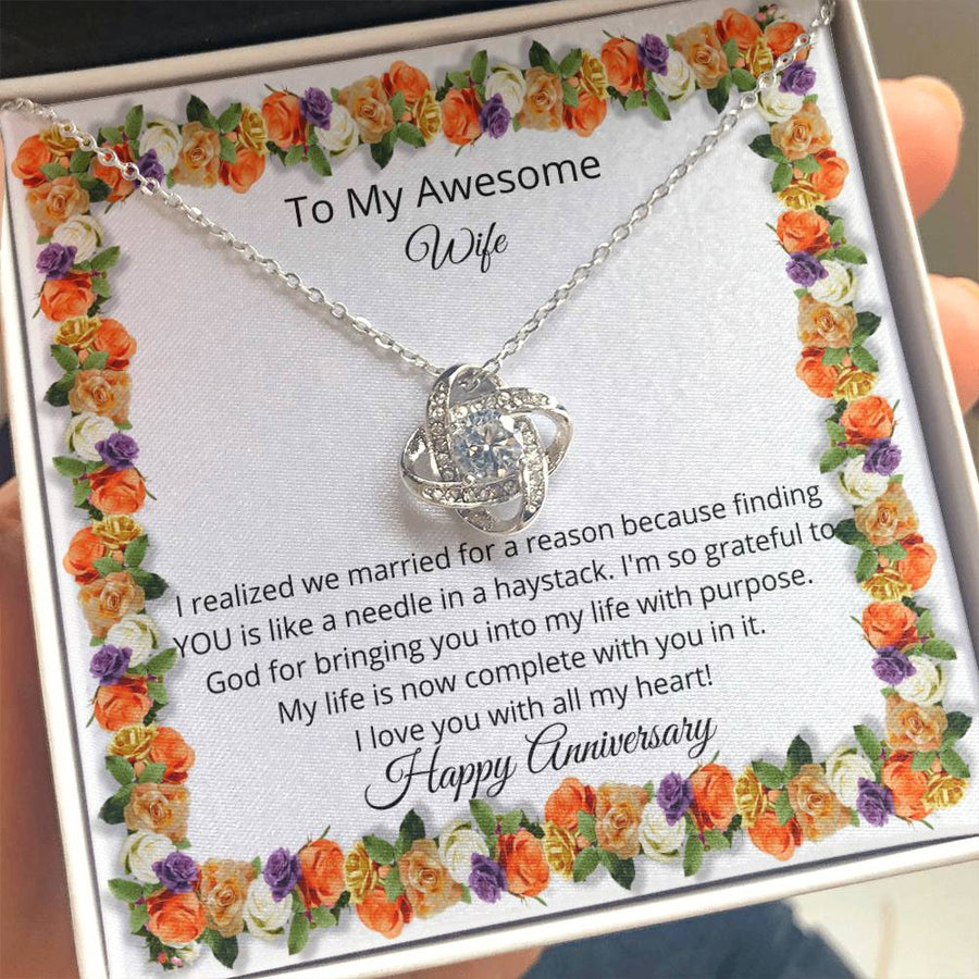 To My Awesome Wife Married Reason Needle Haystack 14K Gold Love Knot Necklace Jewelry Beautiful Gift for Wife Anniversary