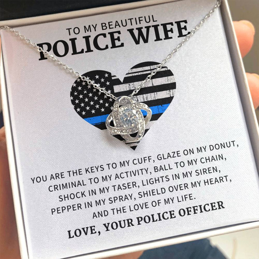 To My Beautiful Police Wife Keys to Cuff Glaze Donut Shield Over Heart Love of Life 14K Gold Love Knot Necklace Jewelry Perfect Gift for Wife Anniversary