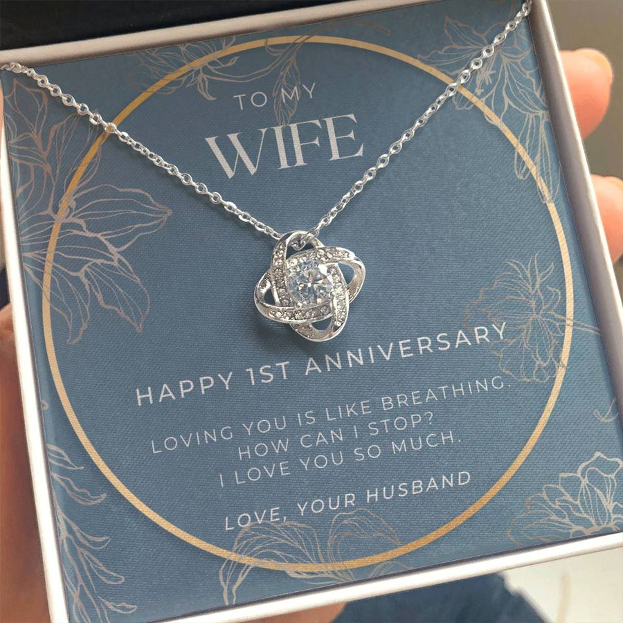 To My Wife 1st Anniversary Loving You Like Breathing 14K Gold Love Knot Necklace Jewelry Beautiful Gift for Wife Anniversary