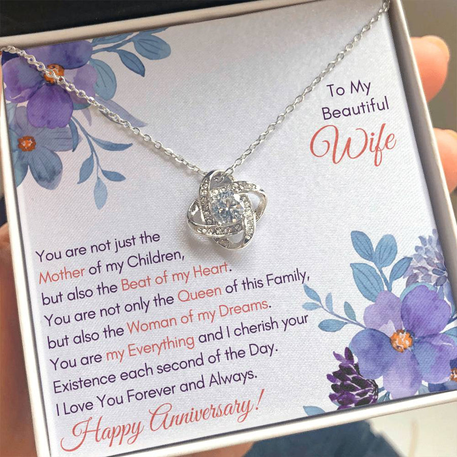 To My Beautiful Wife Happy Anniversary Mother Children Heart Queen Family Dreams 14K Gold Love Knot Necklace Jewelry Gift for Wife Anniversary