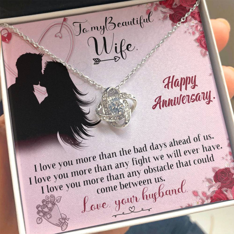 To My Beautiful Wife Love You More Than Bad Days 14K Gold Love Knot Necklace Jewelry Beautiful Gift for Wife Anniversary