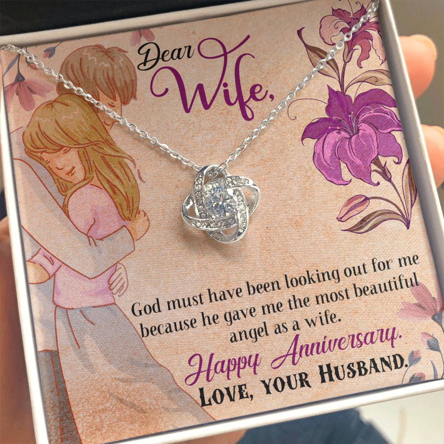 Dear Wife God Gave Me Most Beautiful Angel 14K Gold Love Knot Necklace Jewelry Beautiful Gift for Wife Anniversary