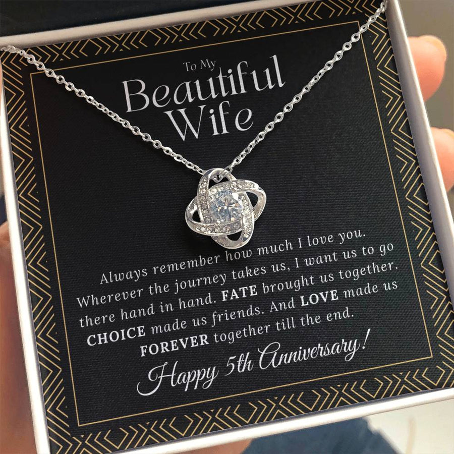 To My Beautiful Wife Happy 5th Anniversary Always Remember How Much Love Journey Forever 14K Gold Love Knot Necklace Romantic Gift for Wife Anniversary