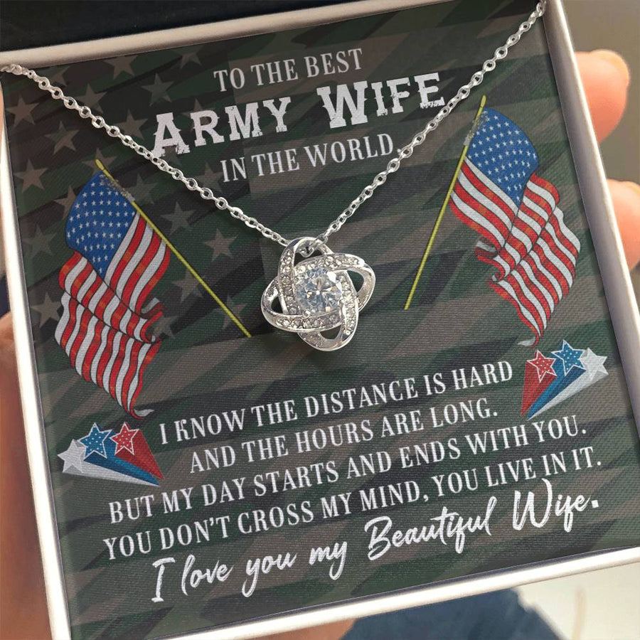 To Best Army Wife Distance Hard Day Starts Ends With You 14K Gold Love Knot Necklace Jewelry Beautiful Gift for Wife Anniversary