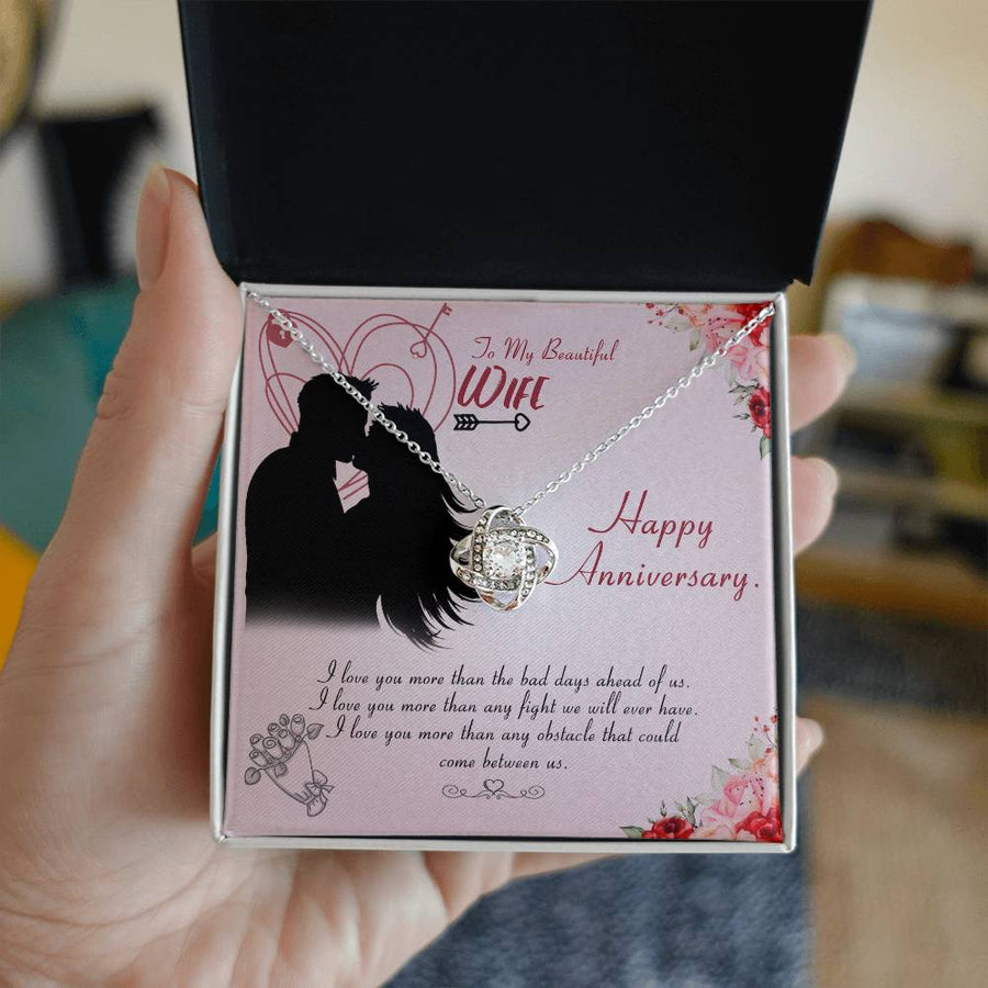 To My Beautiful Wife Love You More Bad Days Fights 14K Gold Love Knot Necklace Jewelry Romantic Gift for Wife Anniversary