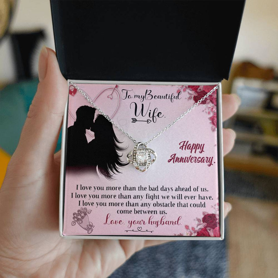 To My Beautiful Wife Love You More Than Bad Days 14K Gold Love Knot Necklace Jewelry Beautiful Gift for Wife Anniversary