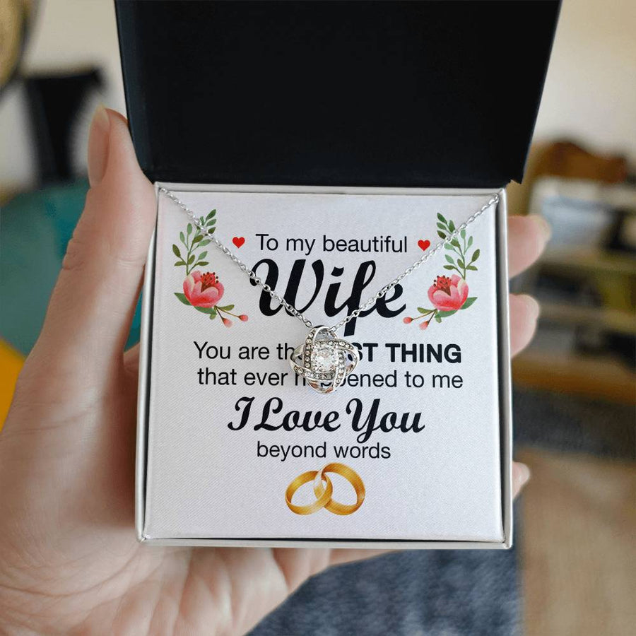 To My Beautiful Wife Best Thing That Happened 14K Gold Love Knot Necklace Jewelry Perfect Gift for Wife Anniversary