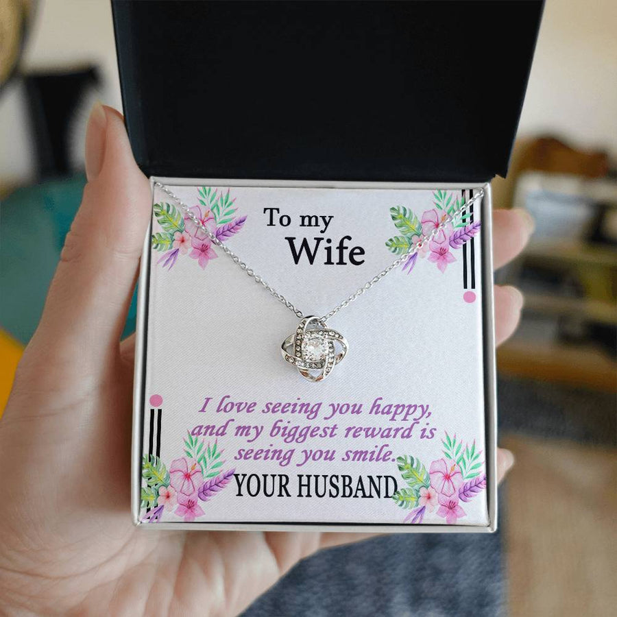 To My Wife Love Seeing You Happy Biggest Reward Smile 14K Gold Love Knot Necklace Jewelry Beautiful Gift for Wife Anniversary