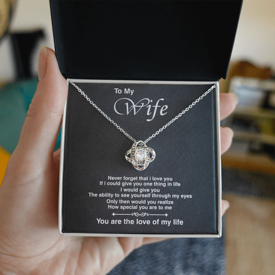 To My Wife See Through My Eyes Love Life 14K Gold Love Knot Necklace Jewelry Romantic Gift for Wife Anniversary
