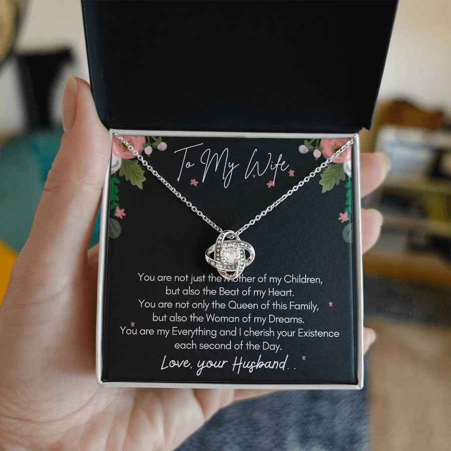 To My Wife Mother Children Beat Heart Queen Woman Dreams 14K Gold Love Knot Necklace Jewelry Beautiful Gift for Wife Anniversary