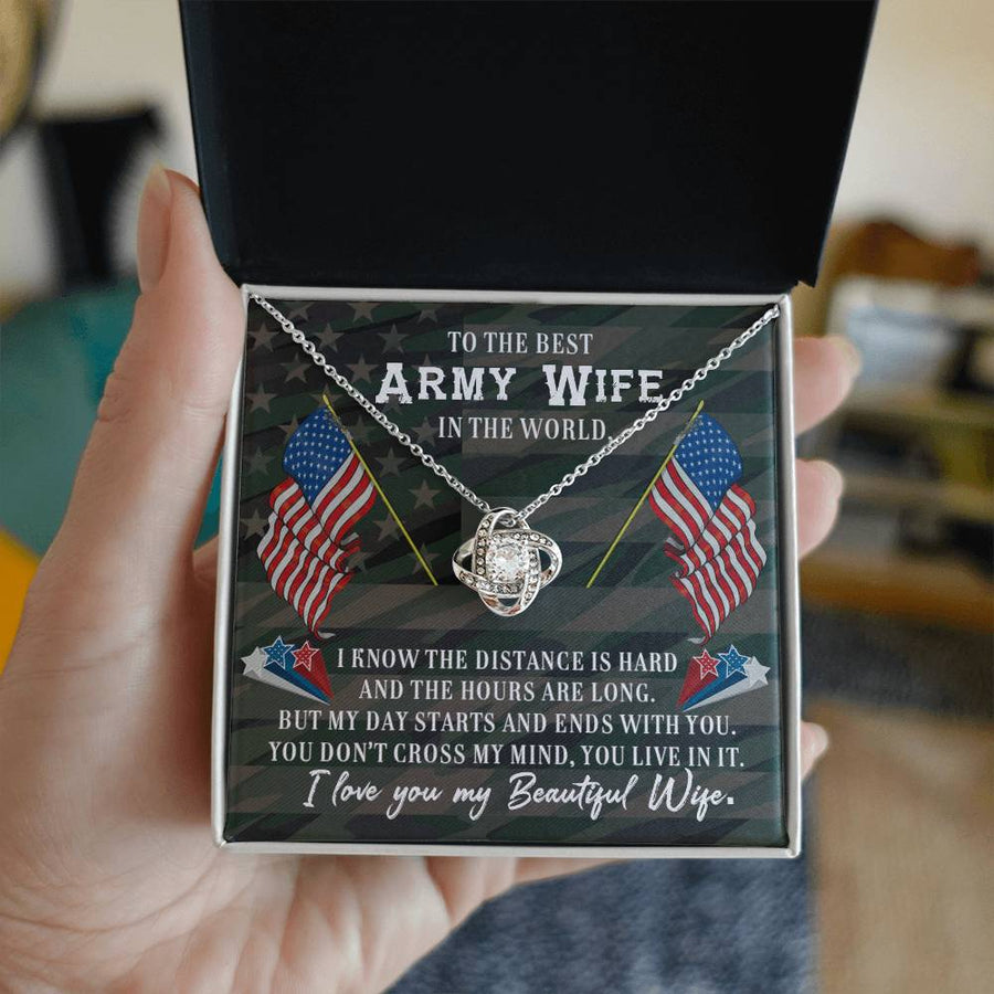To Best Army Wife Distance Hard Day Starts Ends With You 14K Gold Love Knot Necklace Jewelry Beautiful Gift for Wife Anniversary