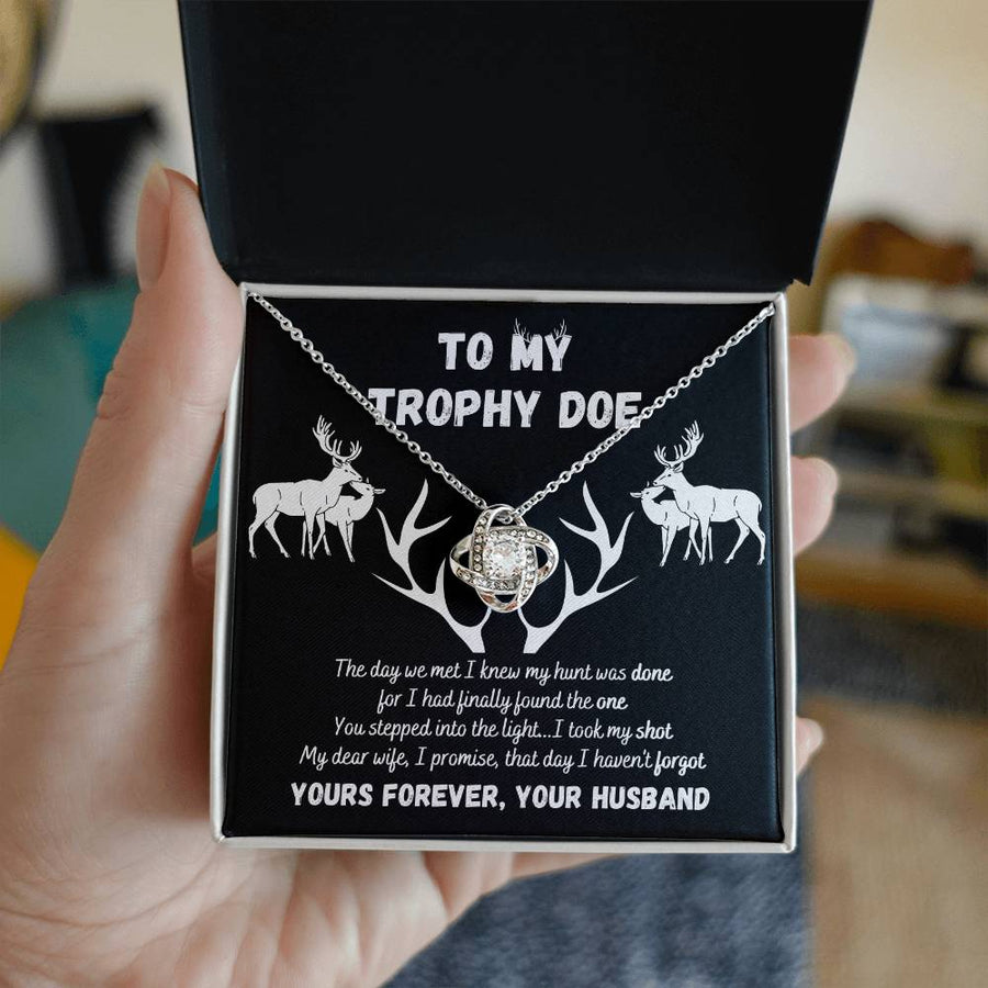 To My Trophy Doe Hunt Was Done Finally Found One Stepped Into Light 14K Gold Love Knot Necklace Jewelry Perfect Gift for Wife Anniversary