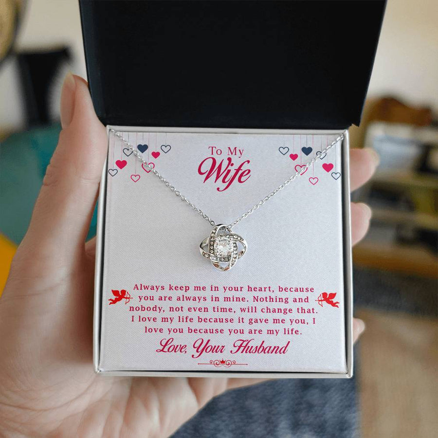 To My Wife Always Keep in Heart Always in Mine You Are My Life 14K Gold Love Knot Necklace Jewelry Romantic Gift for Wife Anniversary