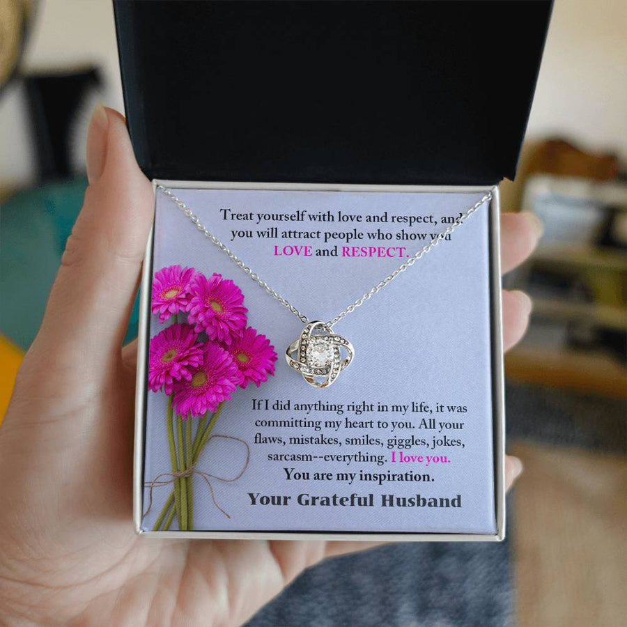 Treat Yourself Love Respect Committing Heart Flaws Mistakes Everything You Are My Inspiration 14K Gold Love Knot Necklace Jewelry Perfect Gift for Wife Anniversary