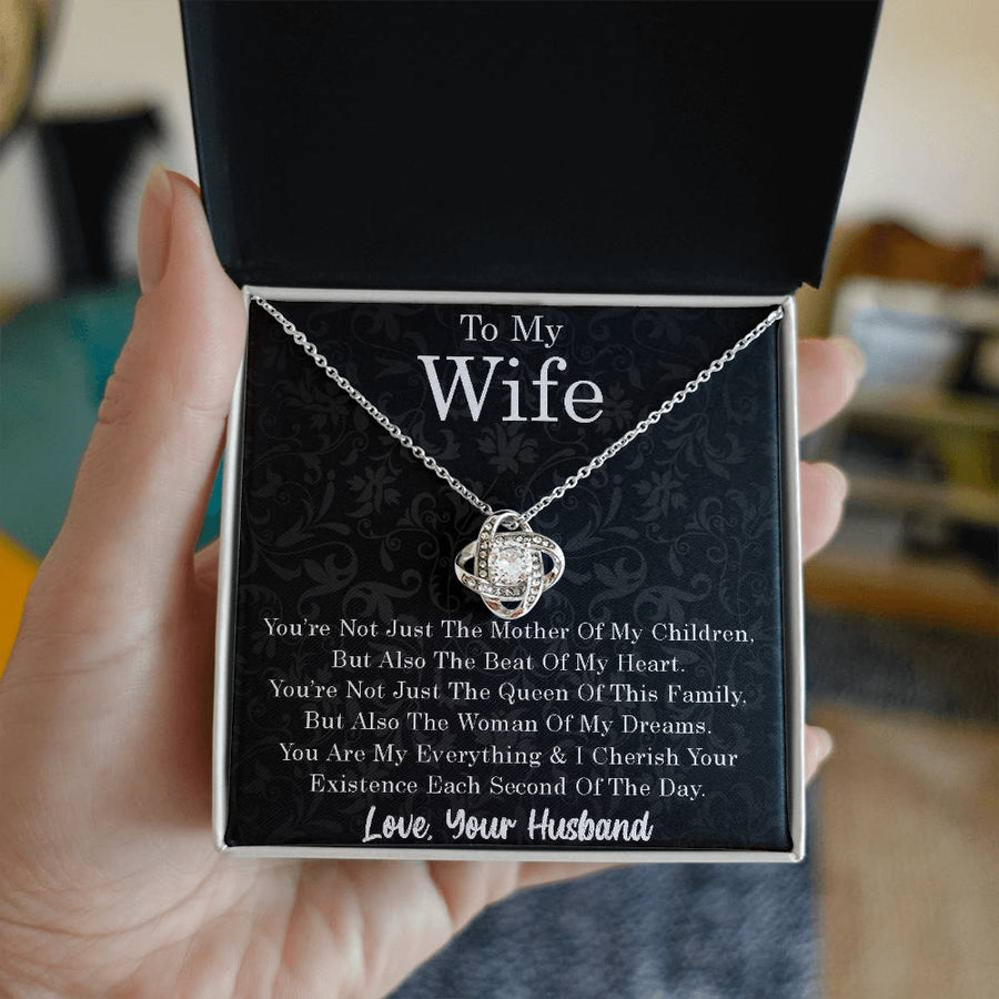 To My Wife Not Just Mother Beat of Heart Queen Woman of Dreams 14K Gold Love Knot Necklace Jewelry Romantic Gift for Wife Anniversary