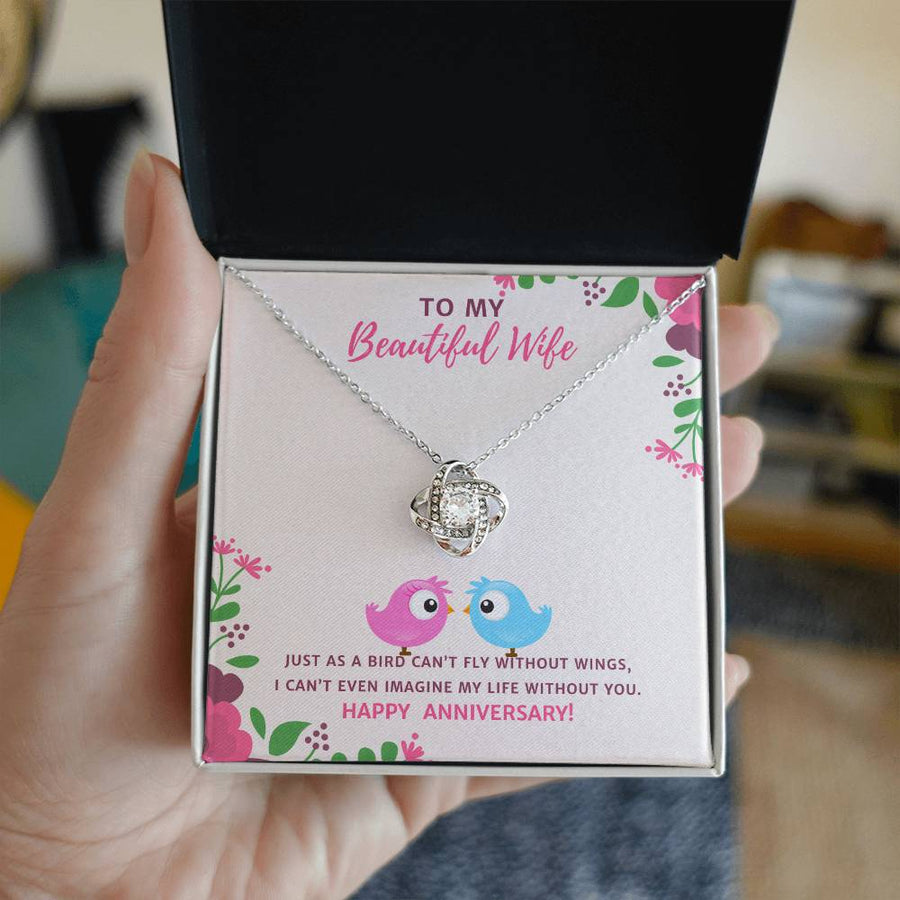 To My Beautiful Wife Bird Can't Fly Without Wings Life Without You 14K Gold Love Knot Necklace Jewelry Beautiful Gift for Wife Anniversary