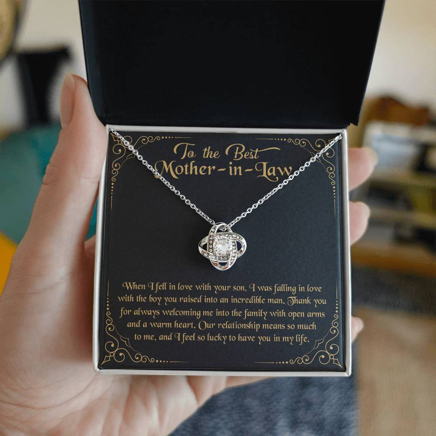 To Best Mother-in-Law Fell Love Raised Incredible Man Welcome Family 14K Gold Love Knot Necklace Jewelry Beautiful Gift for Mom Birthday