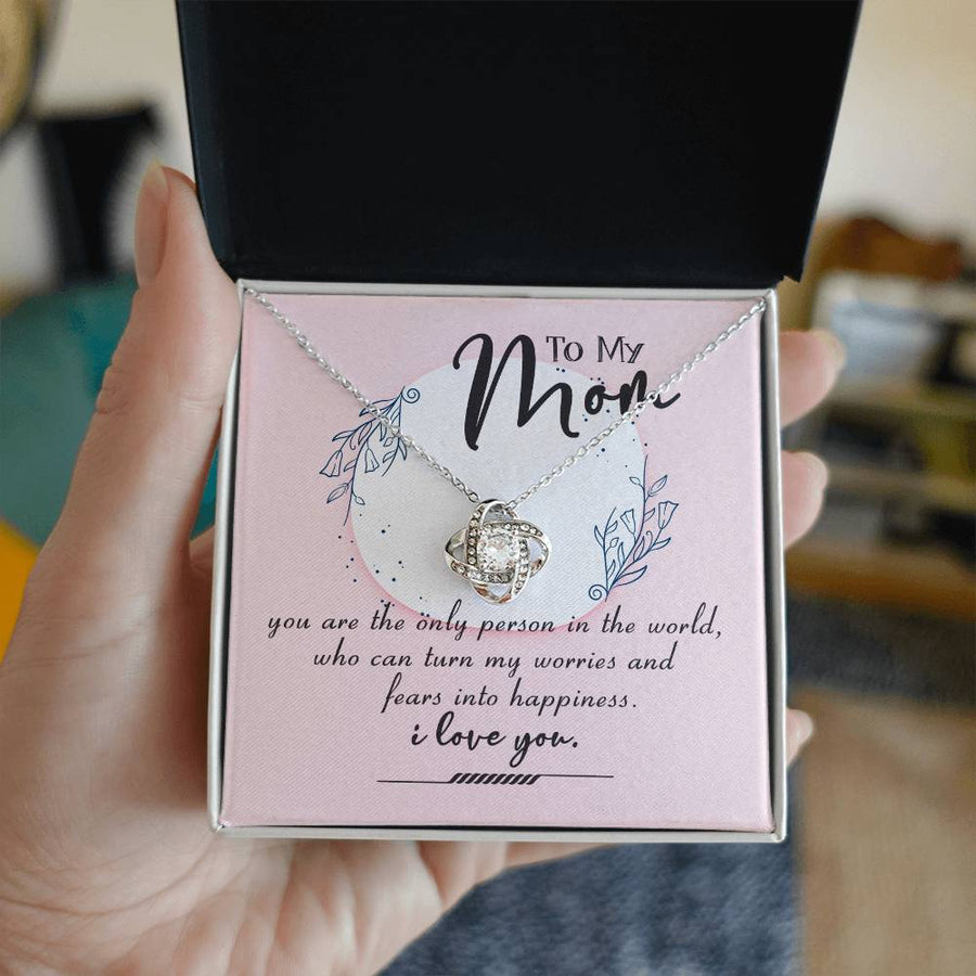 To My Mom Only Person World Turn Worries Fears Into Happiness I Love You 14K Gold Love Knot Necklace Jewelry Beautiful Gift for Mom Birthday