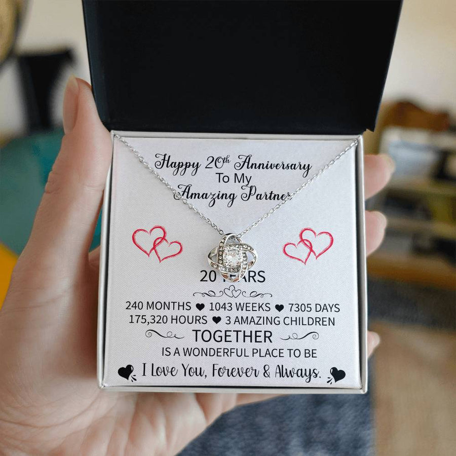 Happy 20th Anniversary My Amazing Partner Together Wonderful Place 14K Gold Love Knot Necklace Jewelry Beautiful Gift for Wife Anniversary