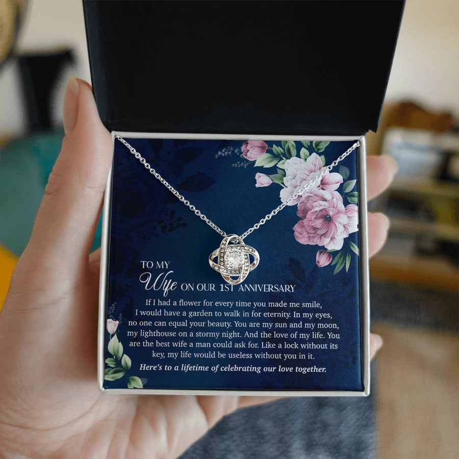 To My Wife 1st Anniversary Flower Garden Walk Eternity 14K Gold Love Knot Necklace Jewelry Beautiful Gift for Wife Anniversary