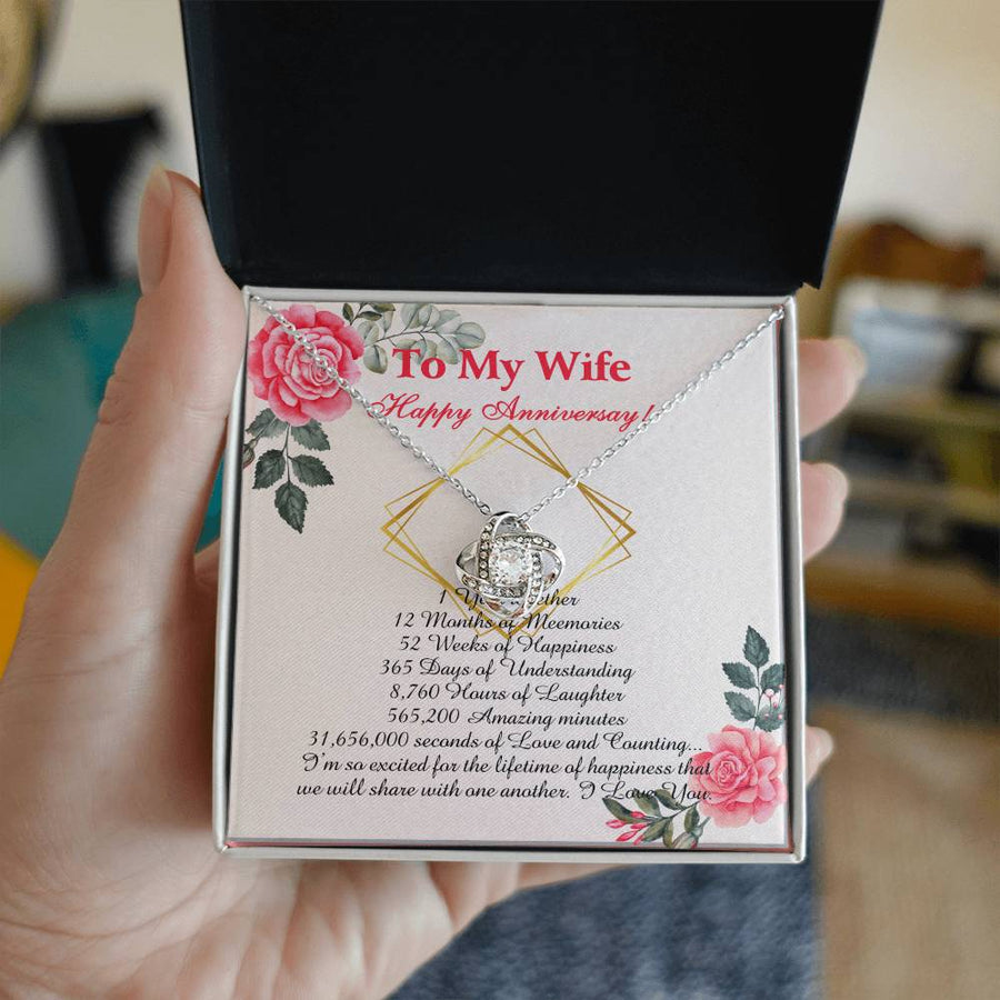 To My Wife 1 Year 12 Months 365 Days Anniversary 14K Gold Love Knot Necklace Jewelry Beautiful Gift for Wife Anniversary