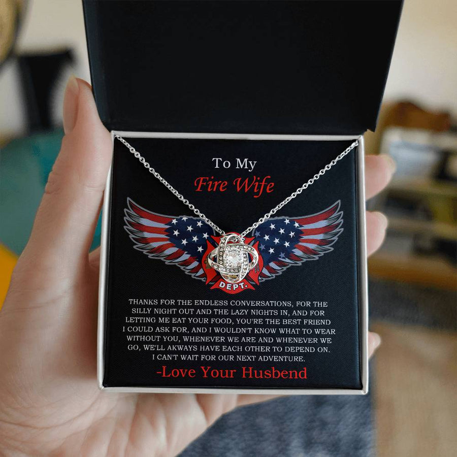 To My Fire Wife Endless Conversations Best Friend Adventure 14K Gold Love Knot Necklace Jewelry Romantic Gift for Wife Anniversary