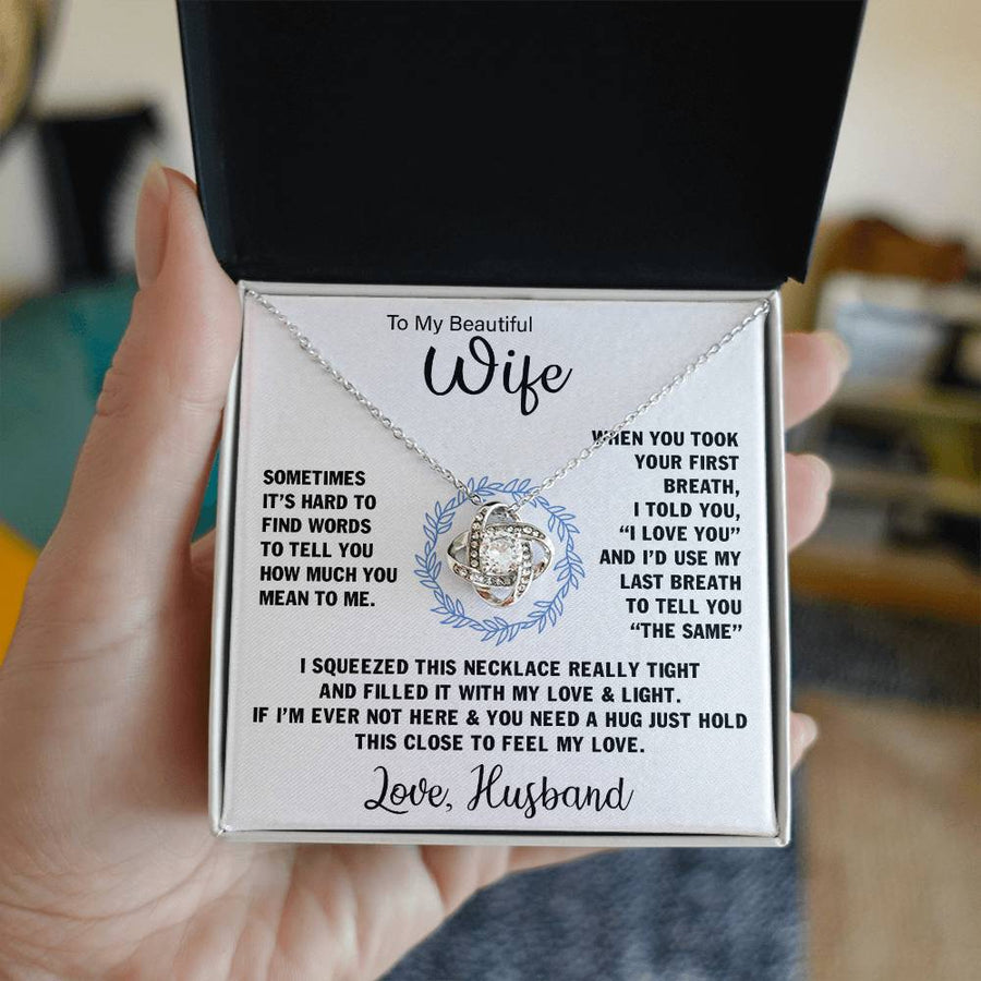 To My Beautiful Wife First Breath I Love You Last Breath Same 14K Gold Love Knot Necklace Jewelry Romantic Gift for Wife Anniversary