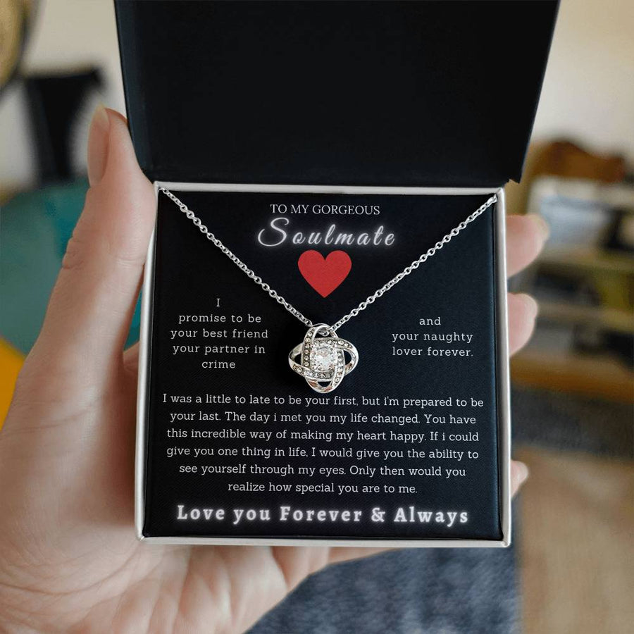 To My Gorgeous Soulmate Best Friend Partner Crime Naughty Lover 14K Gold Love Knot Necklace Jewelry Romantic Gift for Wife Anniversary