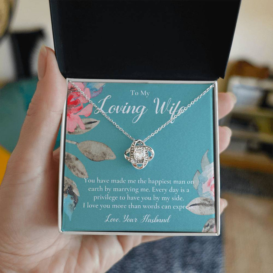 To My Loving Wife Happiest Man on Earth 14K Gold Love Knot Necklace Jewelry Romantic Gift for Wife Anniversary