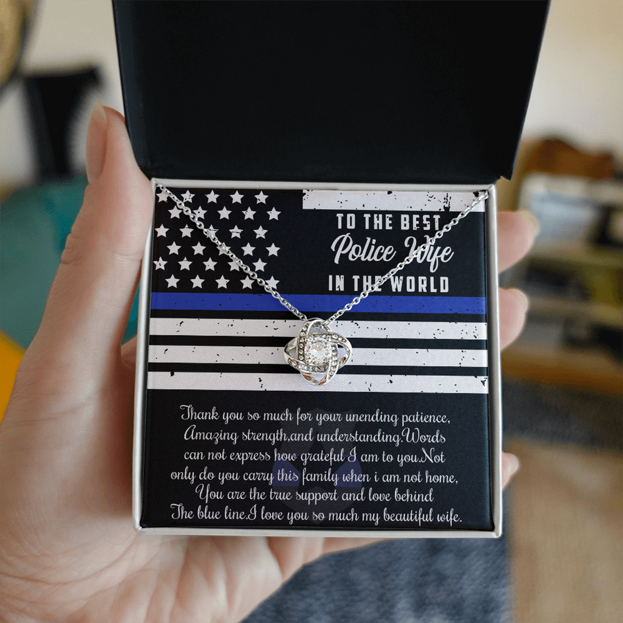 To Best Police Wife Blue Line Support 14K Gold Love Knot Necklace Jewelry Beautiful Gift for Wife Anniversary