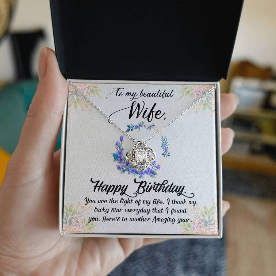 To My Beautiful Wife Happy Birthday Light of Life 14K Gold Love Knot Necklace Jewelry Beautiful Gift for Wife Birthday