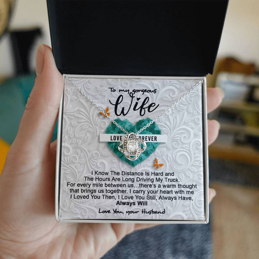 To My Gorgeous Wife Love You Forever Distance Hard 14K Gold Love Knot Necklace Jewelry Perfect Gift for Wife Anniversary