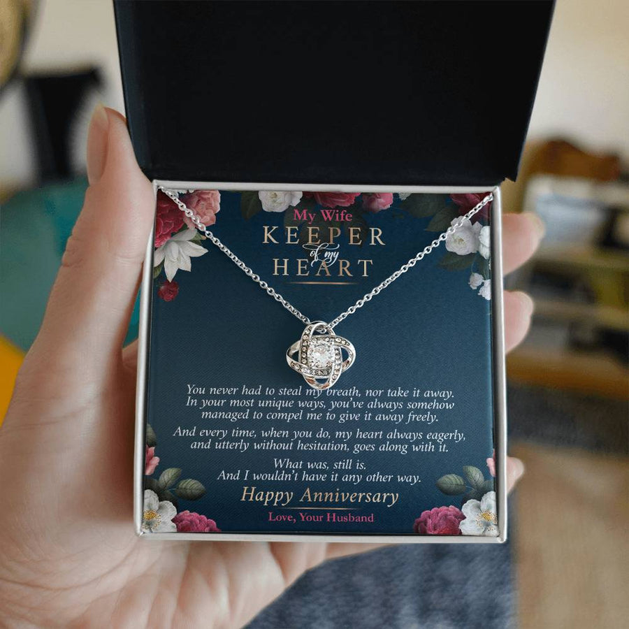 To My Wife Keeper of My Heart Never Steal Breath 14K Gold Love Knot Necklace Jewelry Romantic Gift for Wife Anniversary