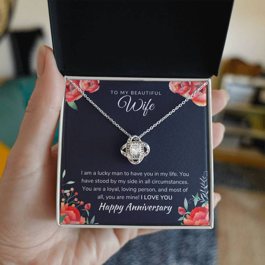 To My Beautiful Wife Lucky Man Loyal Loving Person 14K Gold Love Knot Necklace Jewelry Beautiful Gift for Wife Anniversary