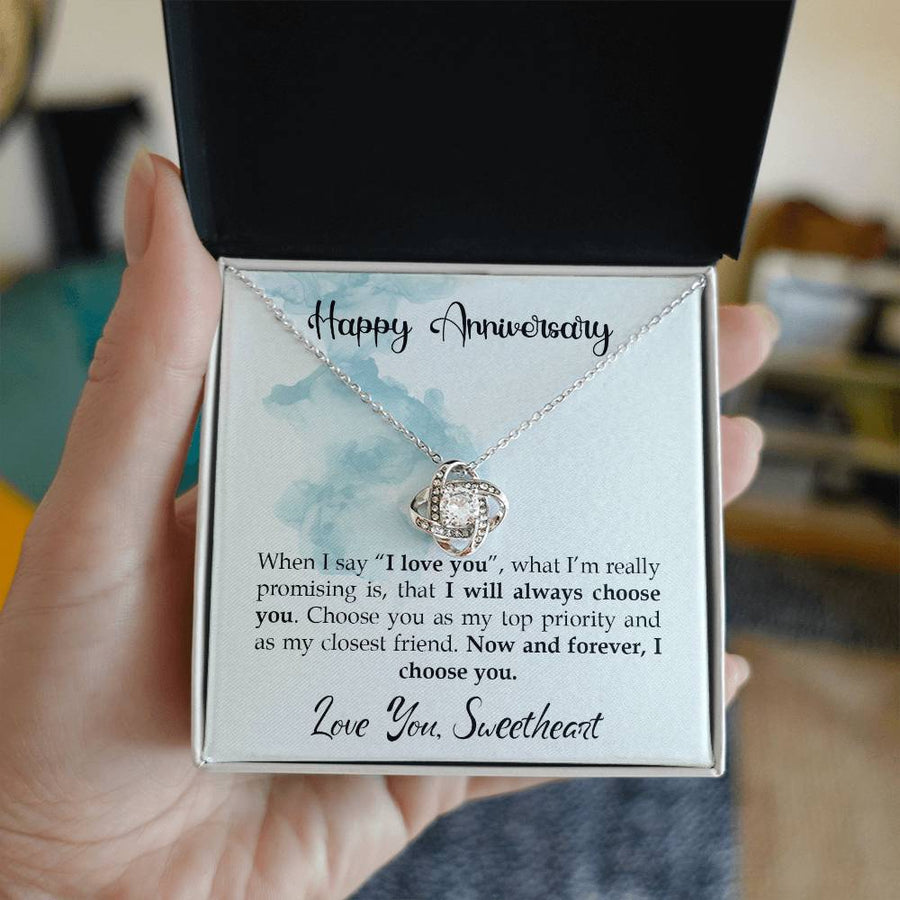 To My Wife Happy Anniversary I Will Always Choose You 14K Gold Love Knot Necklace Jewelry Romantic Gift for Wife Anniversary