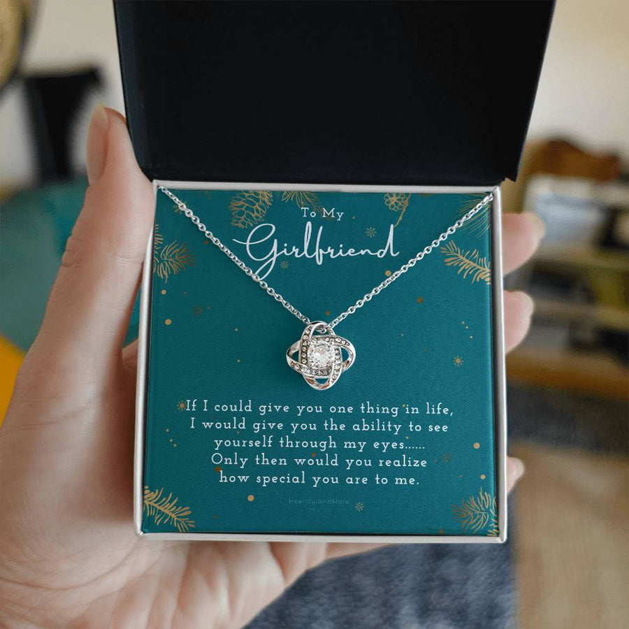 To My Girlfriend See Yourself Through My Eyes 14K Gold Love Knot Necklace Jewelry Romantic Gift for Girlfriend Christmas