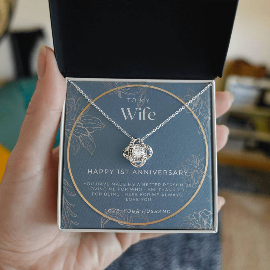 To My Wife 1st Anniversary Made Me Better Person Loving Me 14K Gold Love Knot Necklace Jewelry Romantic Gift for Wife Anniversary