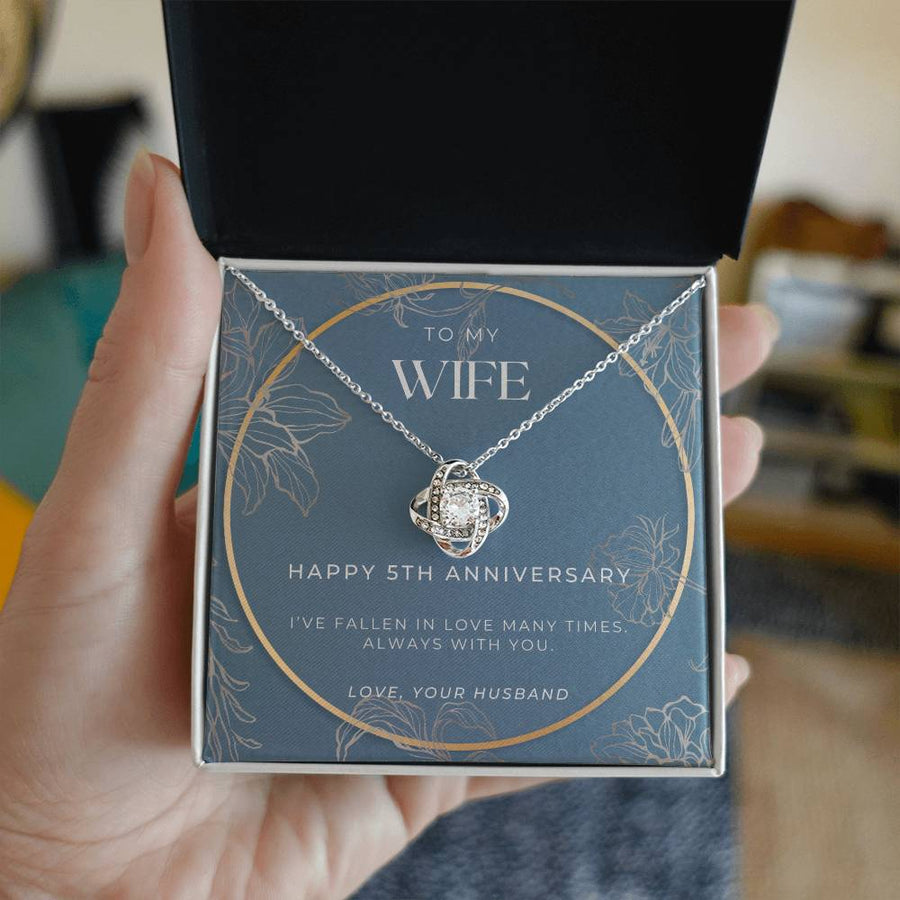To My Wife Happy 5th Anniversary Fallen Love Many Times 14K Gold Love Knot Necklace Jewelry Romantic Gift for Wife Anniversary