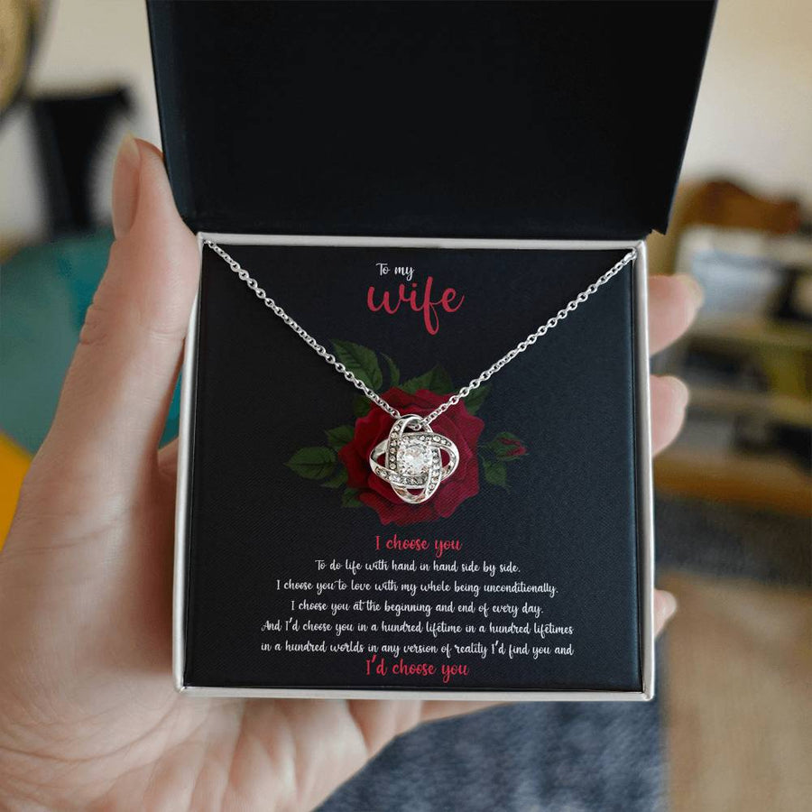 To My Wife I Choose You Hand in Hand Hundred Lifetimes 14K Gold Love Knot Necklace Jewelry Romantic Gift for Wife Anniversary