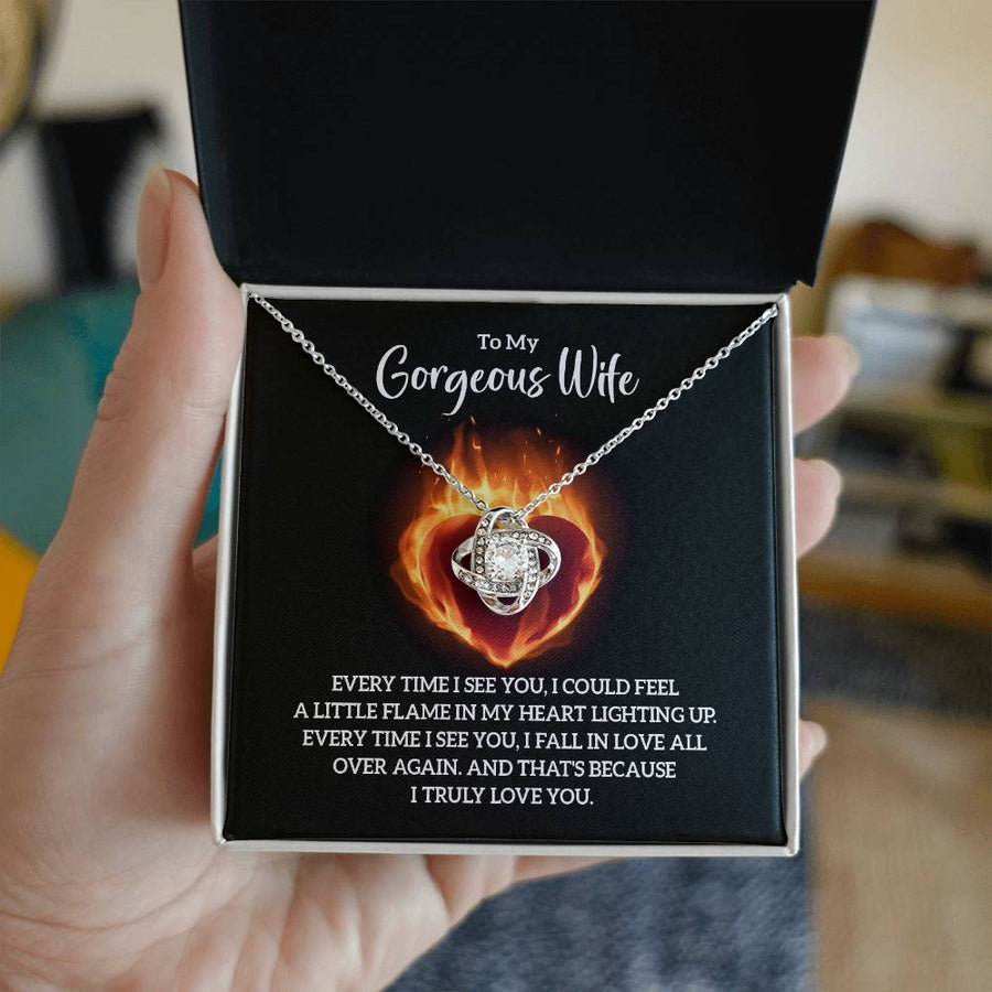 To My Gorgeous Wife Every Time See You Little Flame Heart Fall in Love All Over Again 14K Gold Love Knot Necklace Jewelry Beautiful Gift for Wife Anniversary