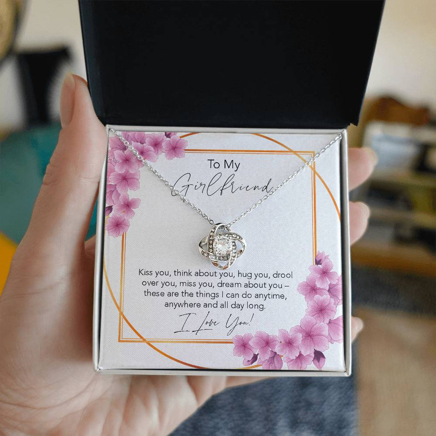To My Girlfriend Kiss You Think About You 14K Gold Love Knot Necklace Jewelry Romantic Gift for Girlfriend Anniversary