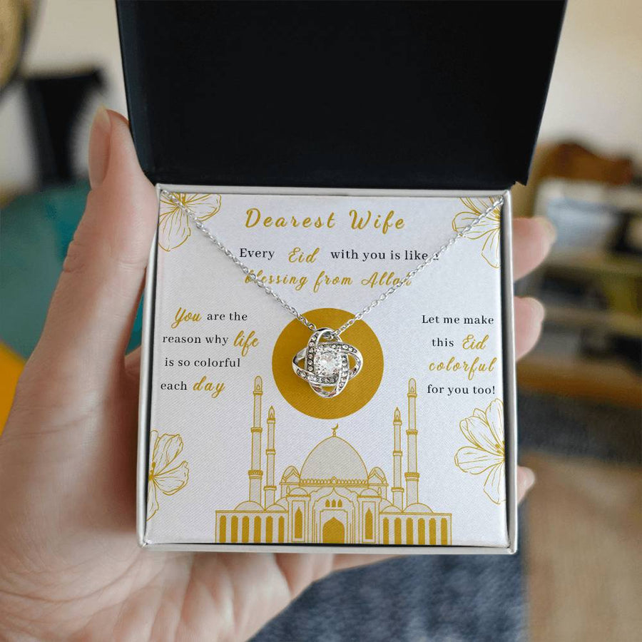 Dearest Wife Every Eid Blessing from Allah Reason Life Colorful Each Day 14K Gold Love Knot Necklace Jewelry Beautiful Gift for Wife Eid