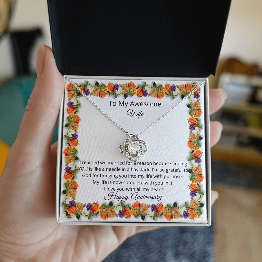 To My Awesome Wife Married Reason Needle Haystack 14K Gold Love Knot Necklace Jewelry Beautiful Gift for Wife Anniversary