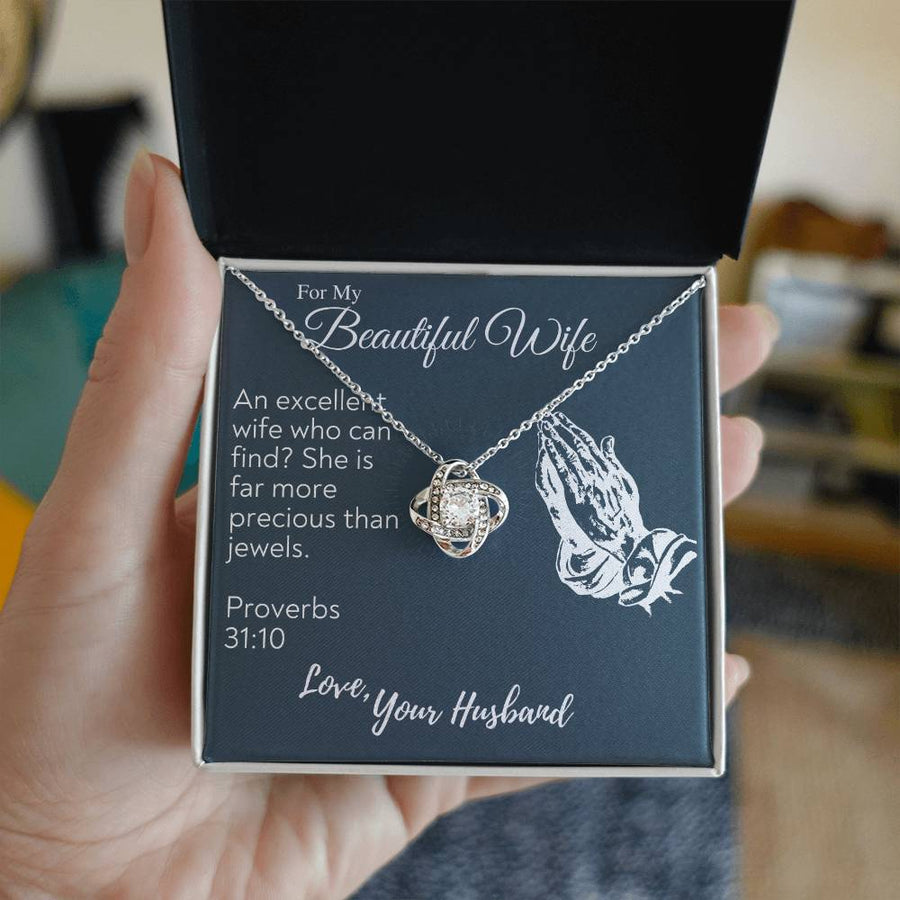 For My Beautiful Wife Excellent Wife More Precious Than Jewels Proverbs 31:10 14K Gold Love Knot Necklace Jewelry Perfect Gift for Wife Anniversary