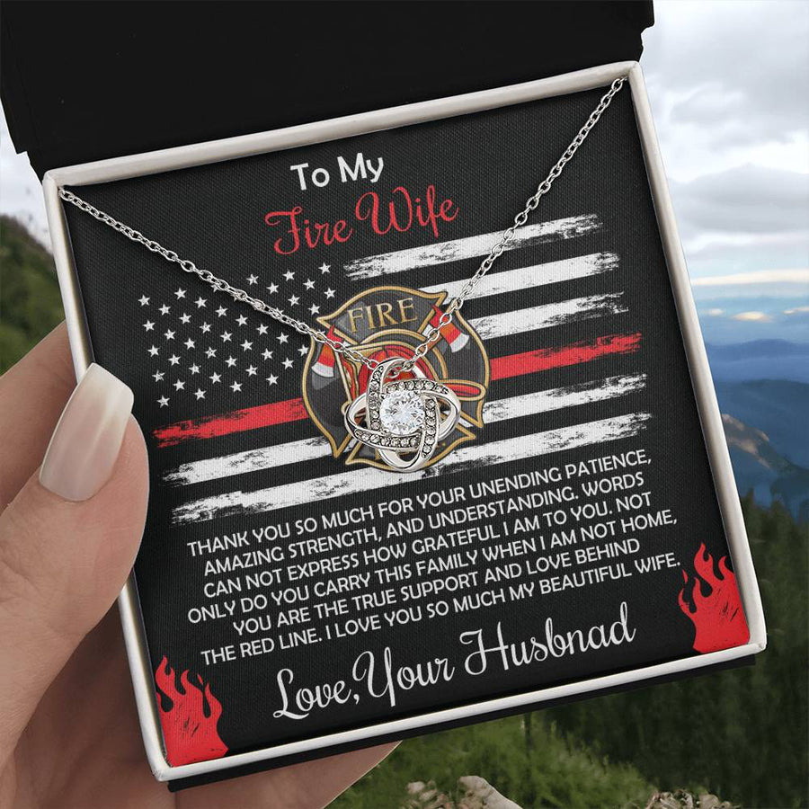 To My Fire Wife Unending Patience Amazing Strength Red Line Support 14K Gold Love Knot Necklace Jewelry Perfect Gift for Wife Anniversary