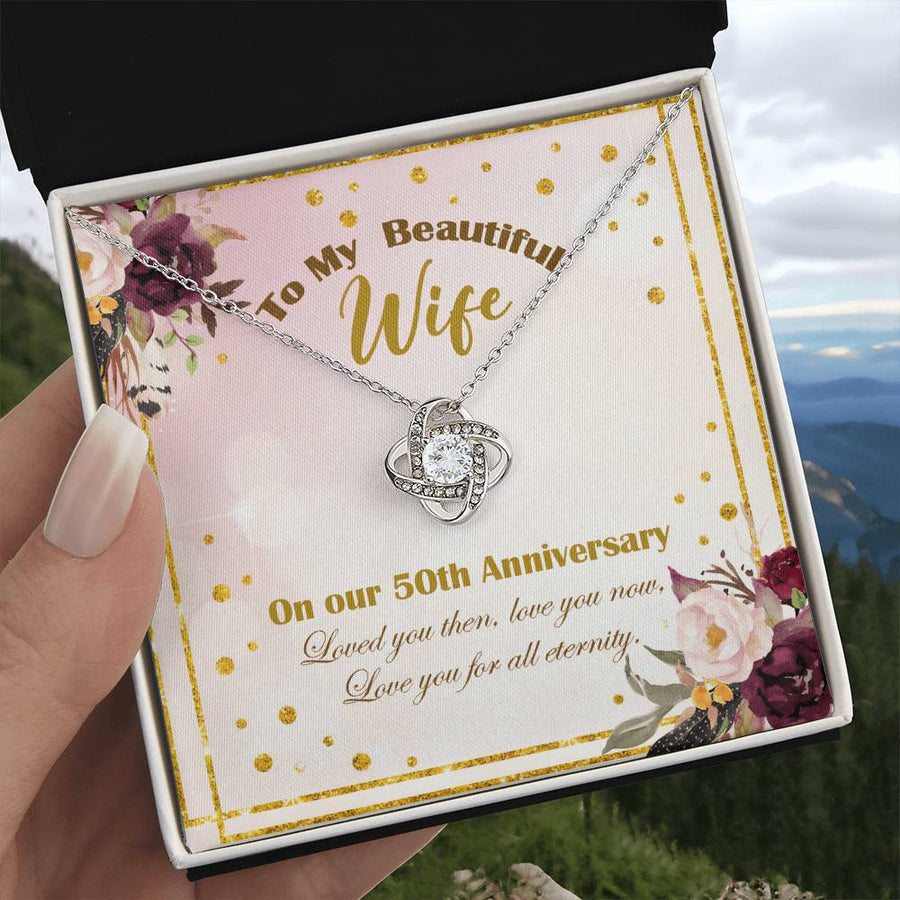 To My Beautiful Wife 50th Anniversary Love You All Eternity 14K Gold Love Knot Necklace Jewelry Romantic for Wife Anniversary