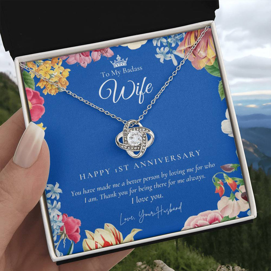 To My Badass Wife Made Me Better Person Being There Always 14K Gold Love Knot Necklace Jewelry Perfect Gift for Wife Anniversary