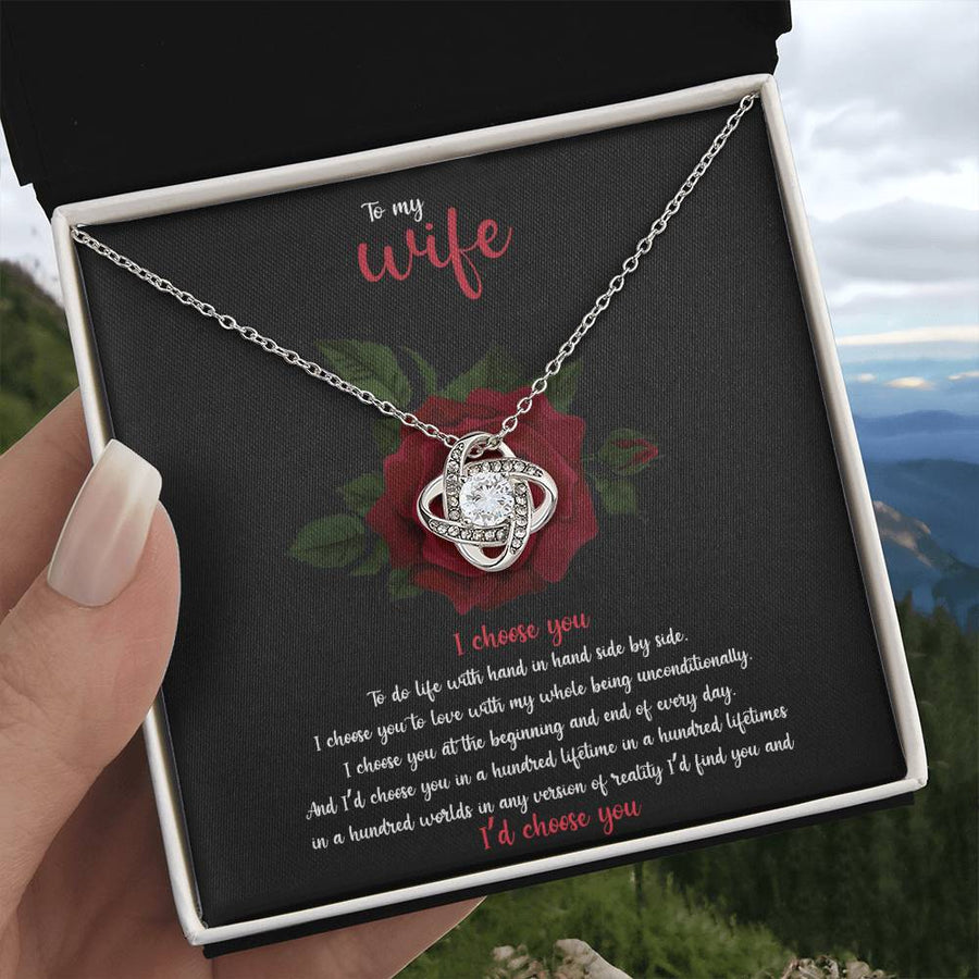 To My Wife I Choose You Hand in Hand Hundred Lifetimes 14K Gold Love Knot Necklace Jewelry Romantic Gift for Wife Anniversary