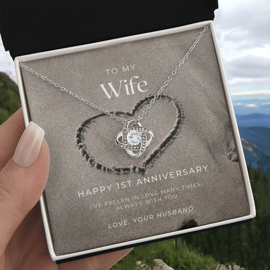 To My Wife 1st Anniversary Fallen in Love Many Times Always With You 14K Gold Love Knot Necklace Jewelry Romantic Gift for Wife Anniversary